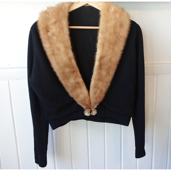 Vintage 1950s Cardigan Black Cashmere Mink Fur Collar Jeweled Retro Glam Sweater - Picture 9 of 10